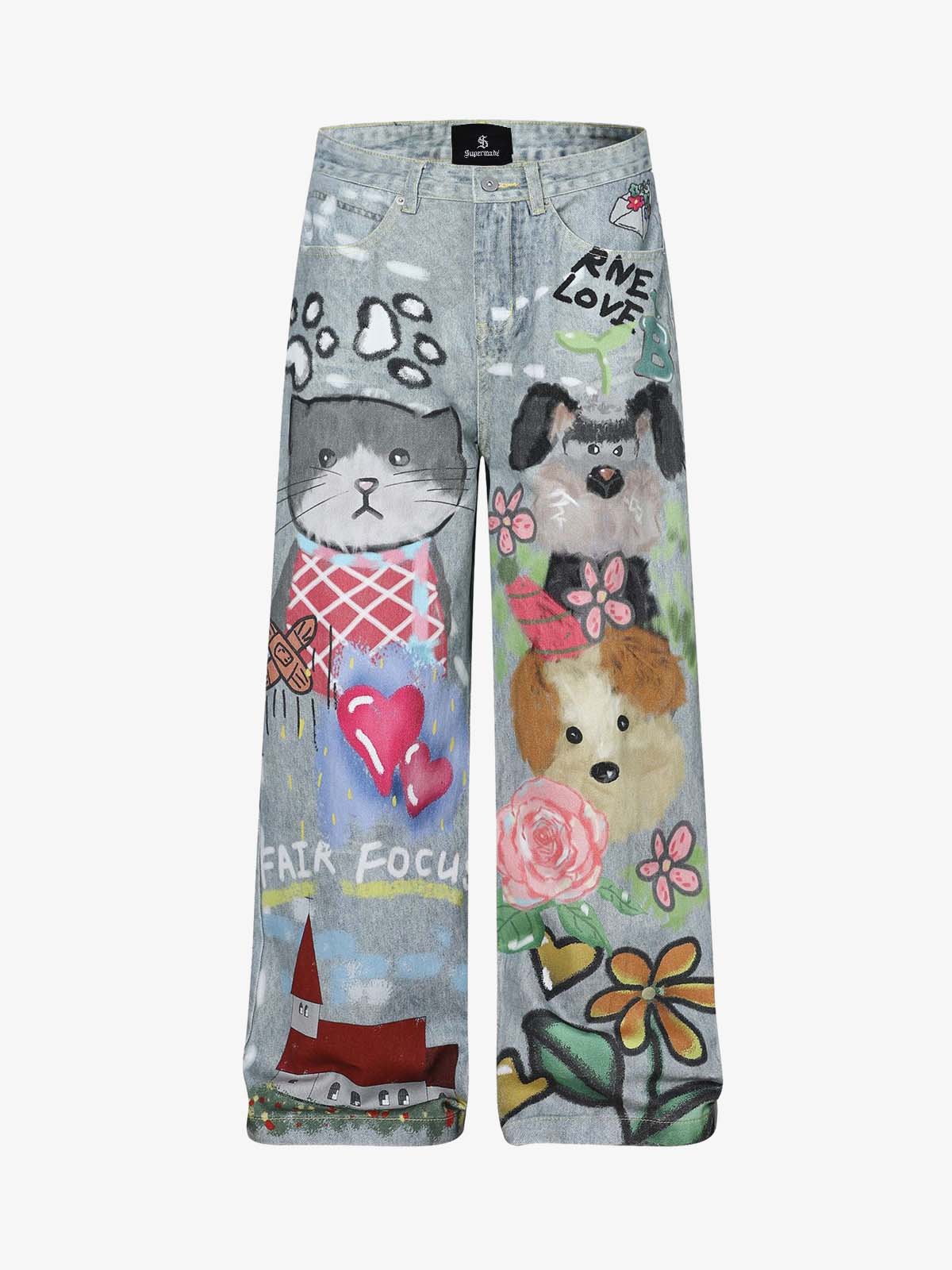 Denim Painted Animal Print Wide Leg Jeans with Cartoon Cat Dog Design?