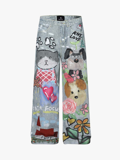 Denim Painted Animal Print Wide Leg Jeans with Cartoon Cat Dog Design?
