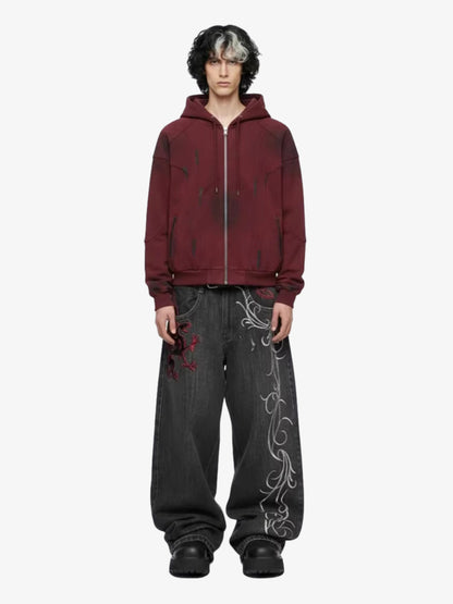 Denim Embroidered Dragon Pants with Rhinestone Belt - Gothic Streetwear Style 