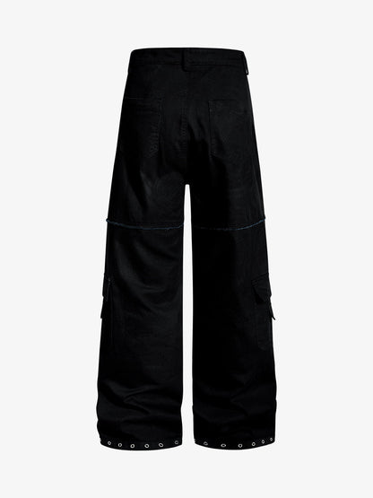 Cotton Blend Black Wide Leg Cargo Pants with Gothic Print and Metal Eyelets for Streetwear Fashion?