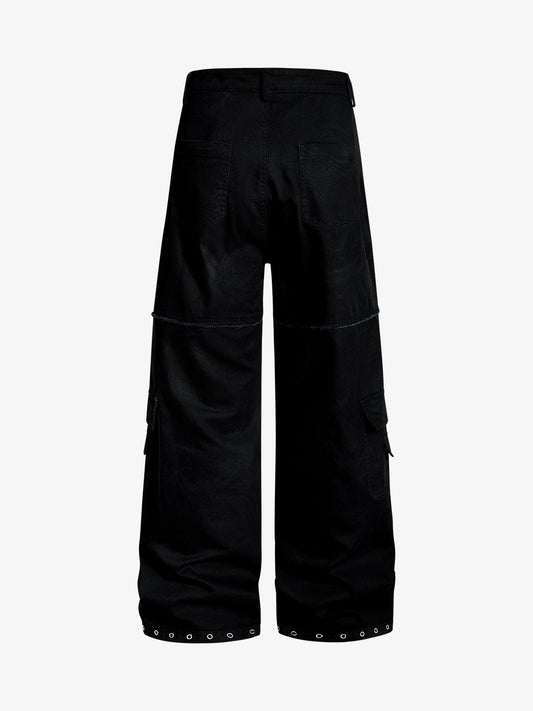 Cotton Blend Black Wide Leg Cargo Pants with Gothic Print and Metal Eyelets for Streetwear Fashion?