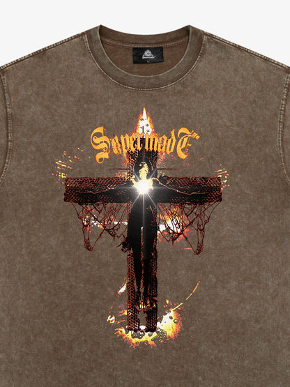 THE SUPERMADE Gothic Flame Cross Graphic T-Shirt for Bold Statement Wear 