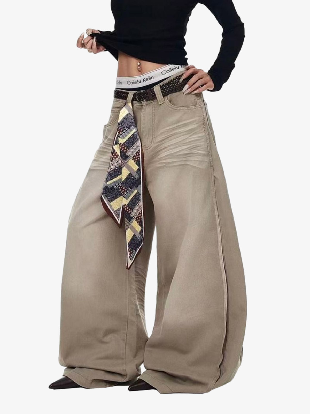 Cotton Wide Leg Pants with Belted Scarf Detail - Comfortable High Waist Culottes for Women 