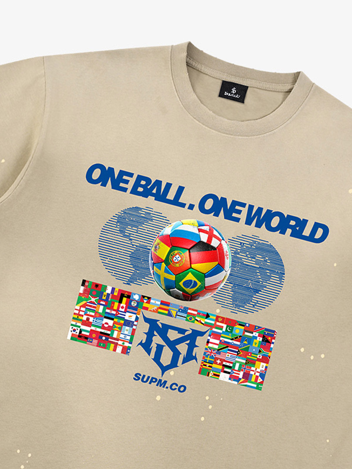 Unisex distressed loose-fitting cotton short-sleeved T-shirts featuring a "One ball, one world" slogan print and an ink-splatter wash finish. 