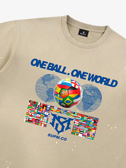 Unisex distressed loose-fitting cotton short-sleeved T-shirts featuring a "One ball, one world" slogan print and an ink-splatter wash finish. 