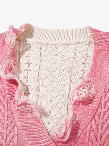 Cable Knit Cardigan Damaged Dirty Dyed Sweater 
