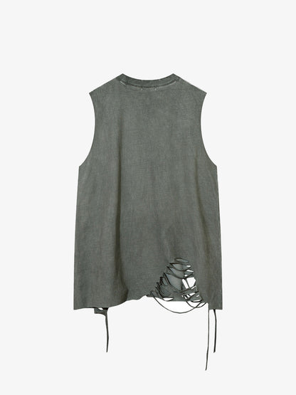 Cotton Ripped Sleeveless Tank Top with Frayed Hem and Cut-Out Details for Edgy Streetwear Style 