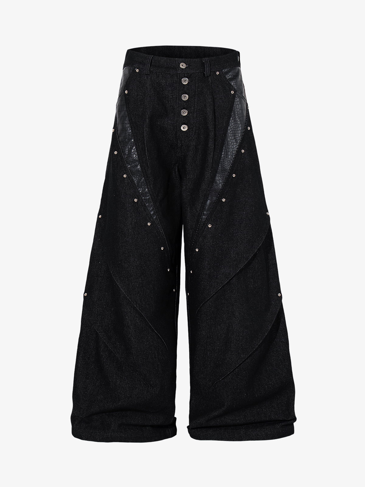 Black Denim Wide-Leg Cropped Pants with Leather Panels and Stud Details?