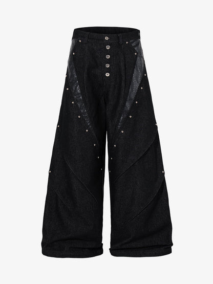 Black Denim Wide-Leg Cropped Pants with Leather Panels and Stud Details?