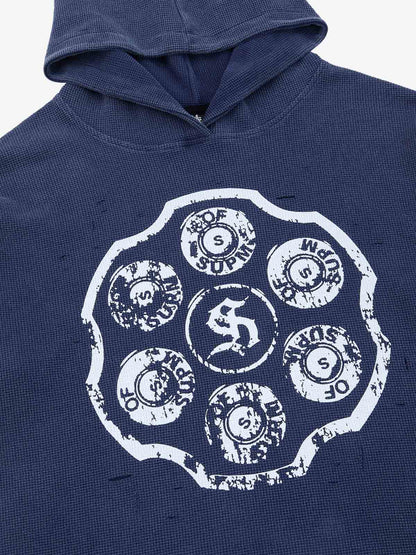 Supermade Waffle-Knit Distressed Button-Pattern Hoodie?