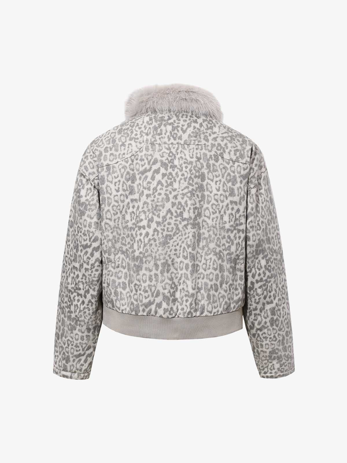 Vintage Leopard Fleece Faux Fur Collar Panel Trim Padded Jacket 