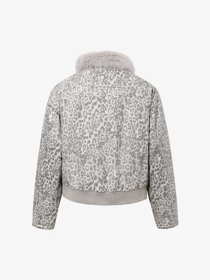 Vintage Leopard Fleece Faux Fur Collar Panel Trim Padded Jacket 