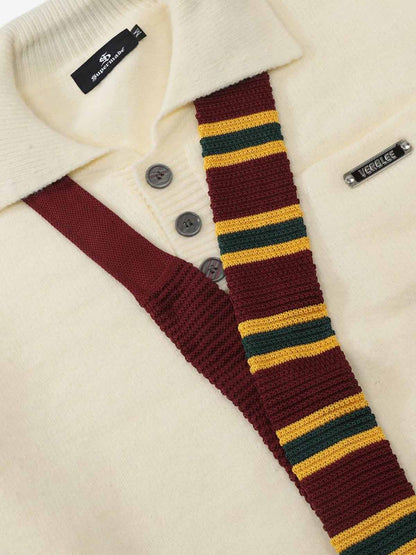 Retro Striped Contrast Panel Button-Up Collar Sweater 