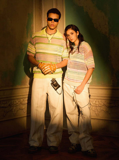 Knitted Striped Polo Shirt for Kids with Colorful Horizontal Patterns and Breathable Design 