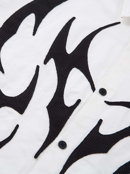 Cotton Blend Short Sleeve Shirt with Black Flame Print Long Sleeve Insert, Stylish Contrast Design for Men and Women?