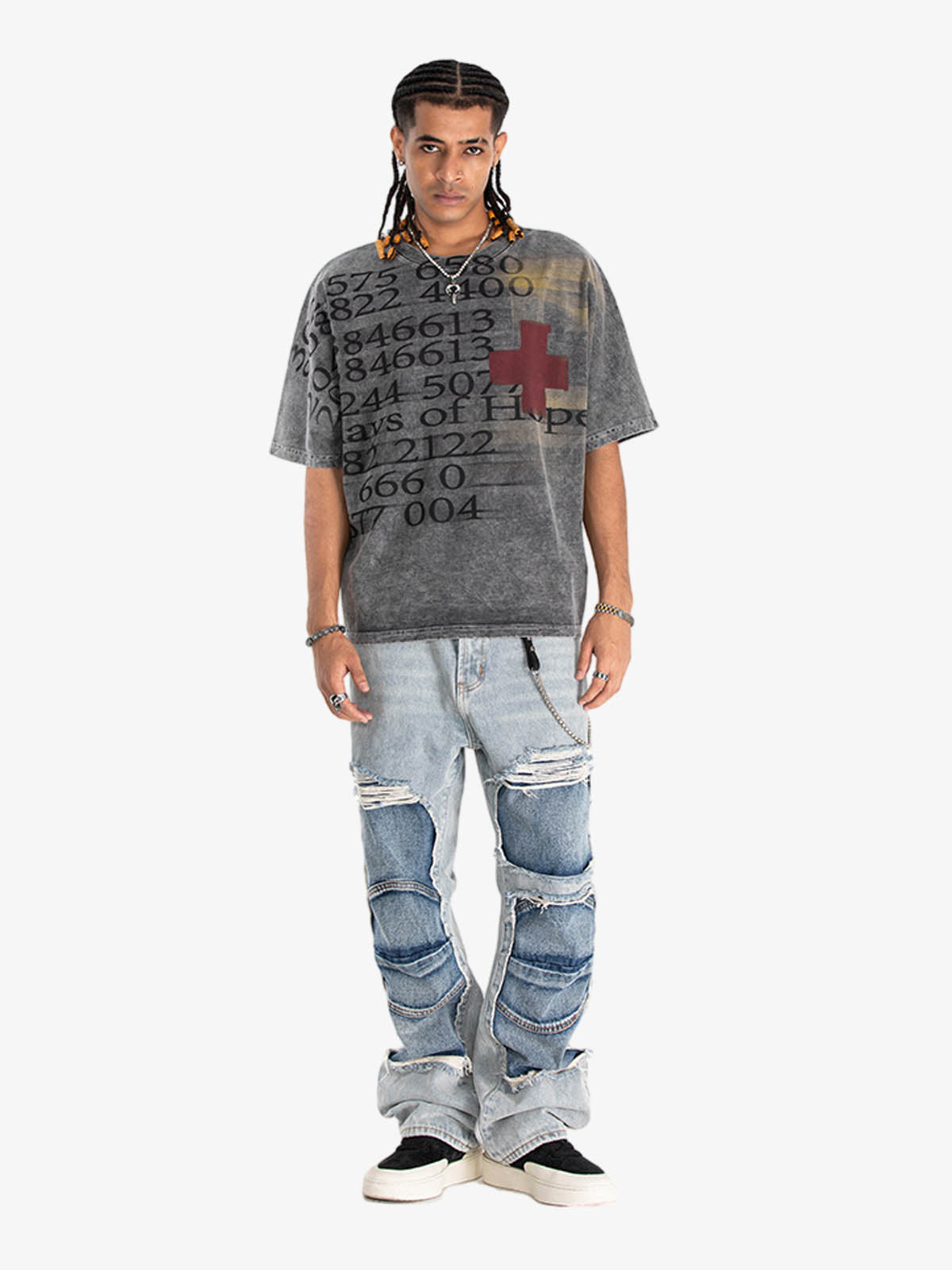 300G Jade Pattern Dyeing Cotton T-Shirt Oversized Streetwear Graphic Tee with Number Print and Red Cross Design?