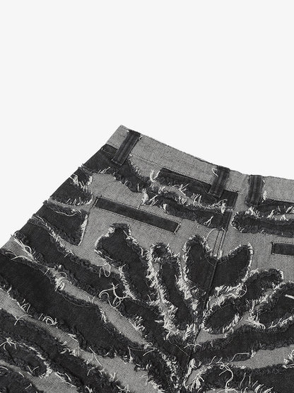 Frayed Zebra Striped Patchwork Wide Leg Jeans 