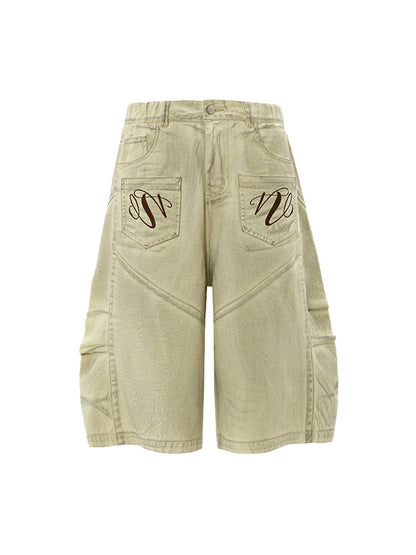 Washed Print Baggy Denim Shorts - 2375 