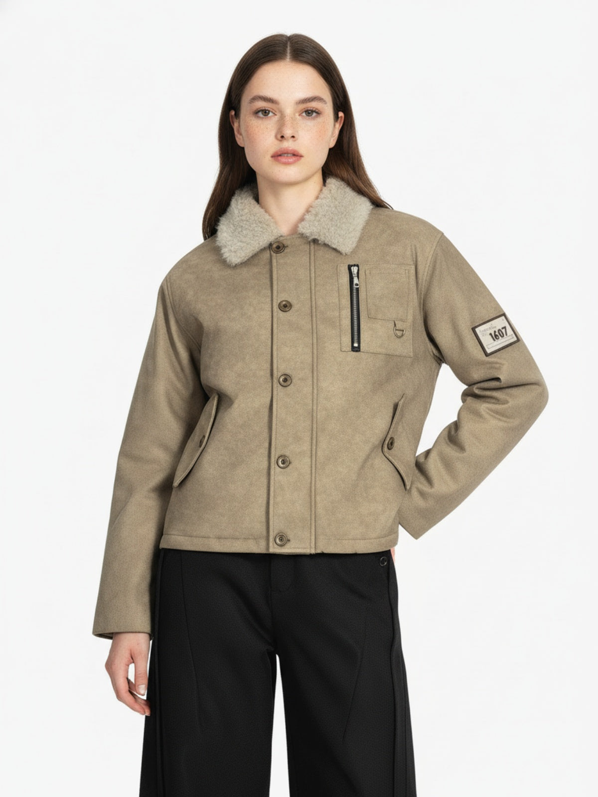 Vintage Fur Collar PU Leather Badge Embroidery Work Jacket