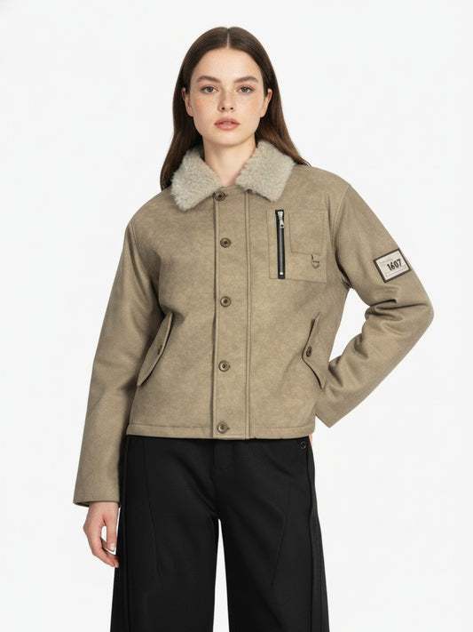 Vintage Fur Collar PU Leather Badge Embroidery Work Jacket