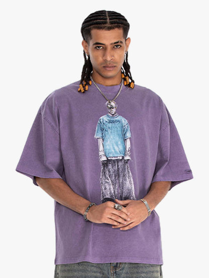 300G Jade Pattern Dyed Cotton Oversized T-Shirt with Skeleton Graphic Print Streetwear?