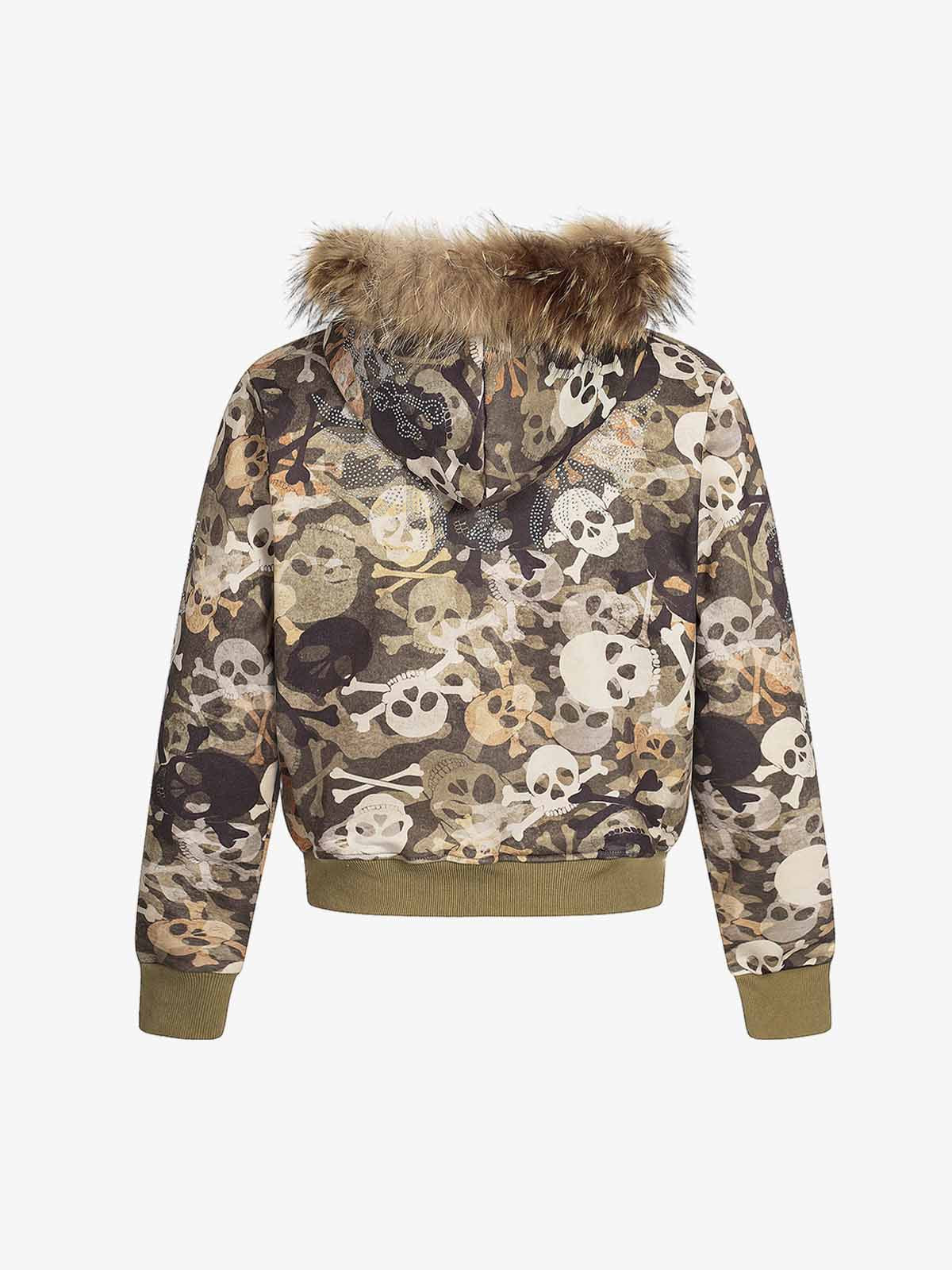 Camouflage Skull Print Bomber Jacket with Faux Fur Hood Trim 