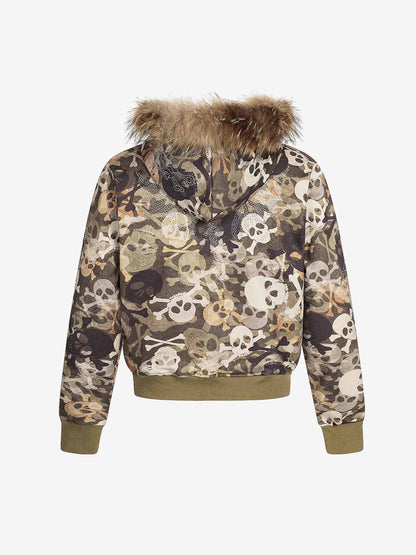 Camouflage Skull Print Bomber Jacket with Faux Fur Hood Trim 