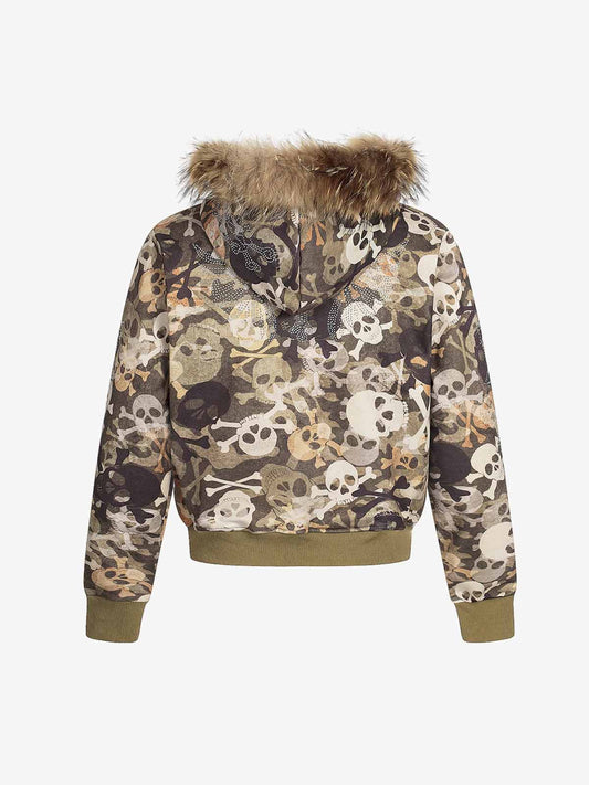 Camouflage Skull Print Bomber Jacket with Faux Fur Hood Trim 