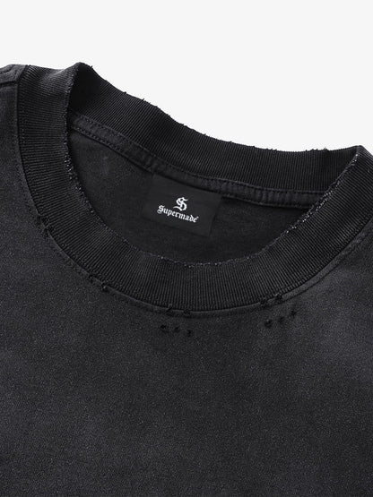 Cotton Long Sleeve Graphic Tee with Distressed 07 Print and NYC Sleeve Detail 