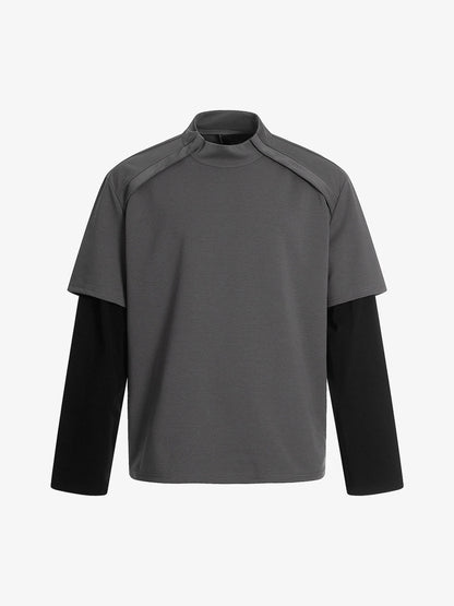 Faux Two-Piece Layered Half-Zip Pullover Long Sleeve T-Shirt 