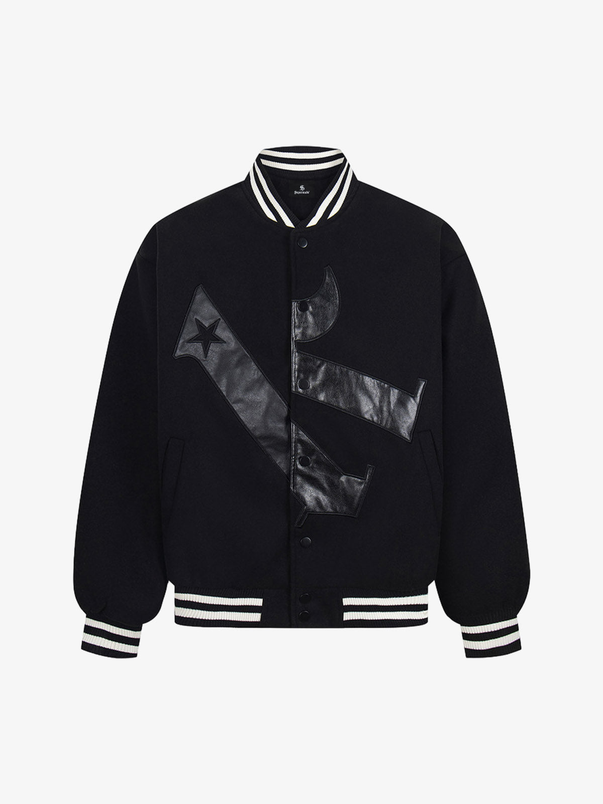 Stylish Black Bomber Jacket with Unique Leather Patch Design for Men 