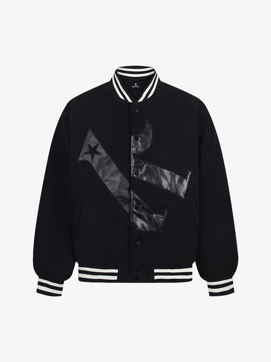 Stylish Black Bomber Jacket with Unique Leather Patch Design for Men 