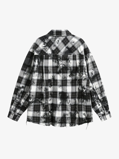 Washed Cotton Plaid Long Sleeve Shirt with Distressed Pattern and Chest Pocket 