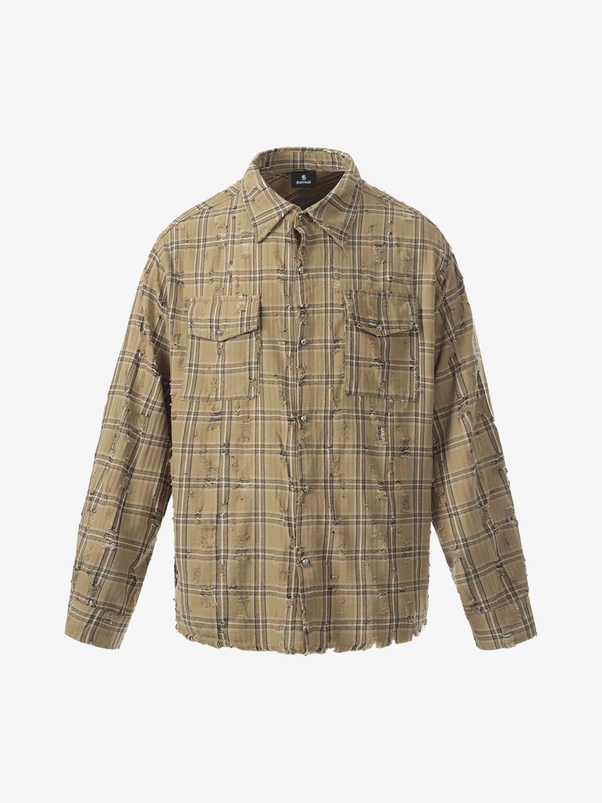 Ripped Plaid Cotton Long Sleeve Shirt for Men - Distressed Checkered Button-Up Casual overshirt?