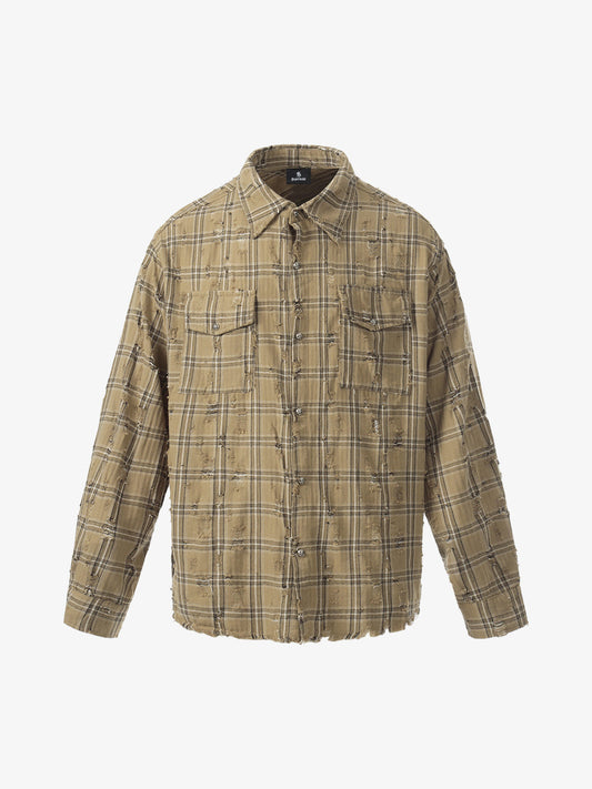 Ripped Plaid Cotton Long Sleeve Shirt for Men - Distressed Checkered Button-Up Casual overshirt?