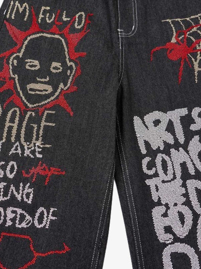 Denim Graffiti Wide Leg Pants with Embroidered Art Design and Bold Statement Text 