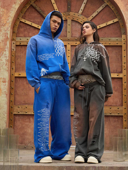 Supermade Vintage Distressed Print Patchwork Sweatshirt Set 