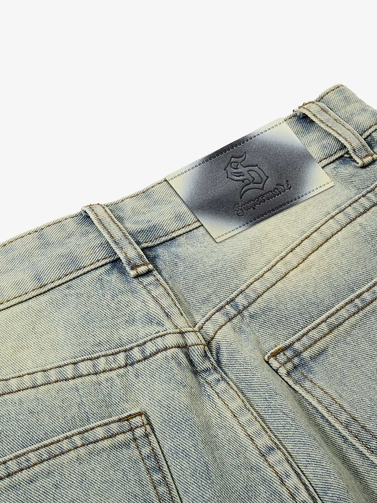 Denim Wide Leg Pants with Distressed Wash and Metal Studs?