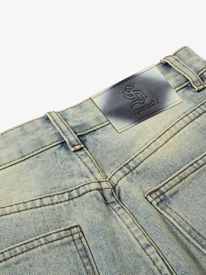 Denim Wide Leg Pants with Distressed Wash and Metal Studs?