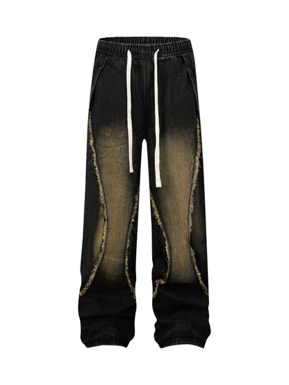 Washed Distressed Raw Edge Drawstring Jeans 