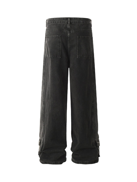 Washed Distressed Multi-pocket Straight Cargo Jeans 