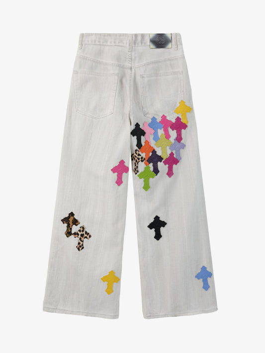 Colorful Cross Patch Straight Leg with Detachable Chain Jeans