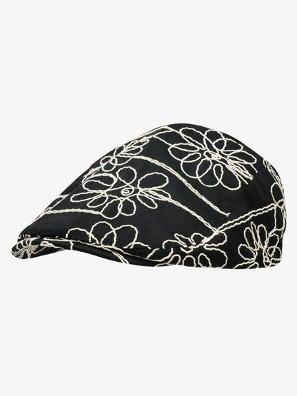 Cotton Embroidered Floral Flat Cap for Women - Black with Cream Stitching?
