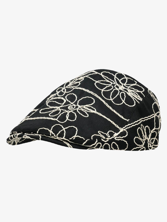 Cotton Embroidered Floral Flat Cap for Women - Black with Cream Stitching?