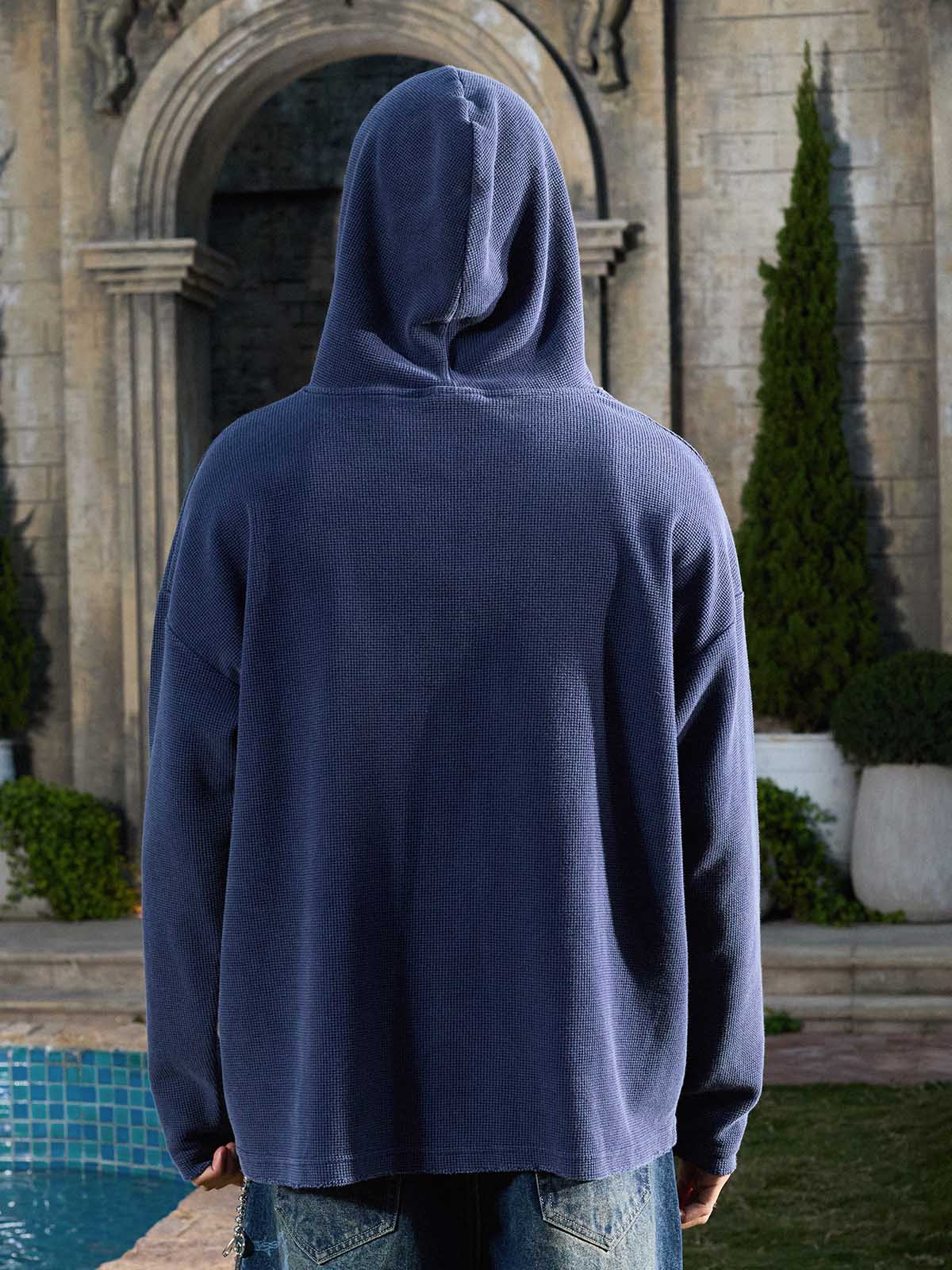 Supermade Waffle-Knit Distressed Button-Pattern Hoodie?