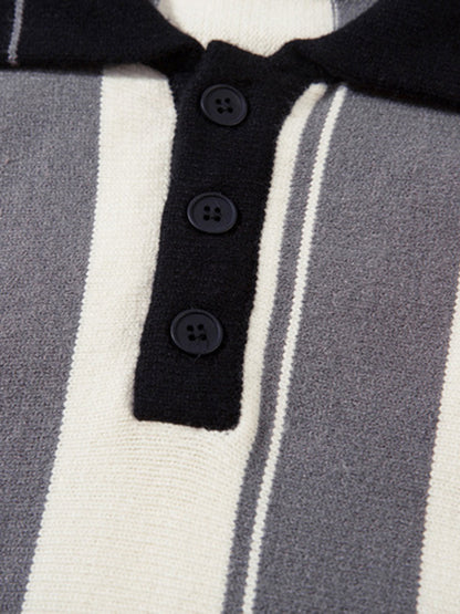 Retro Striped Polo Collar Sports Jersey Knit Sweater 