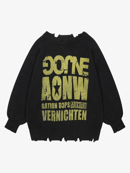 Letter Print Ripped Crew Neck Sweater 