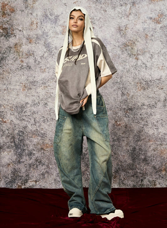 Jersey Deconstructed Contrast Color Stitching Print T-shirt - 2407 