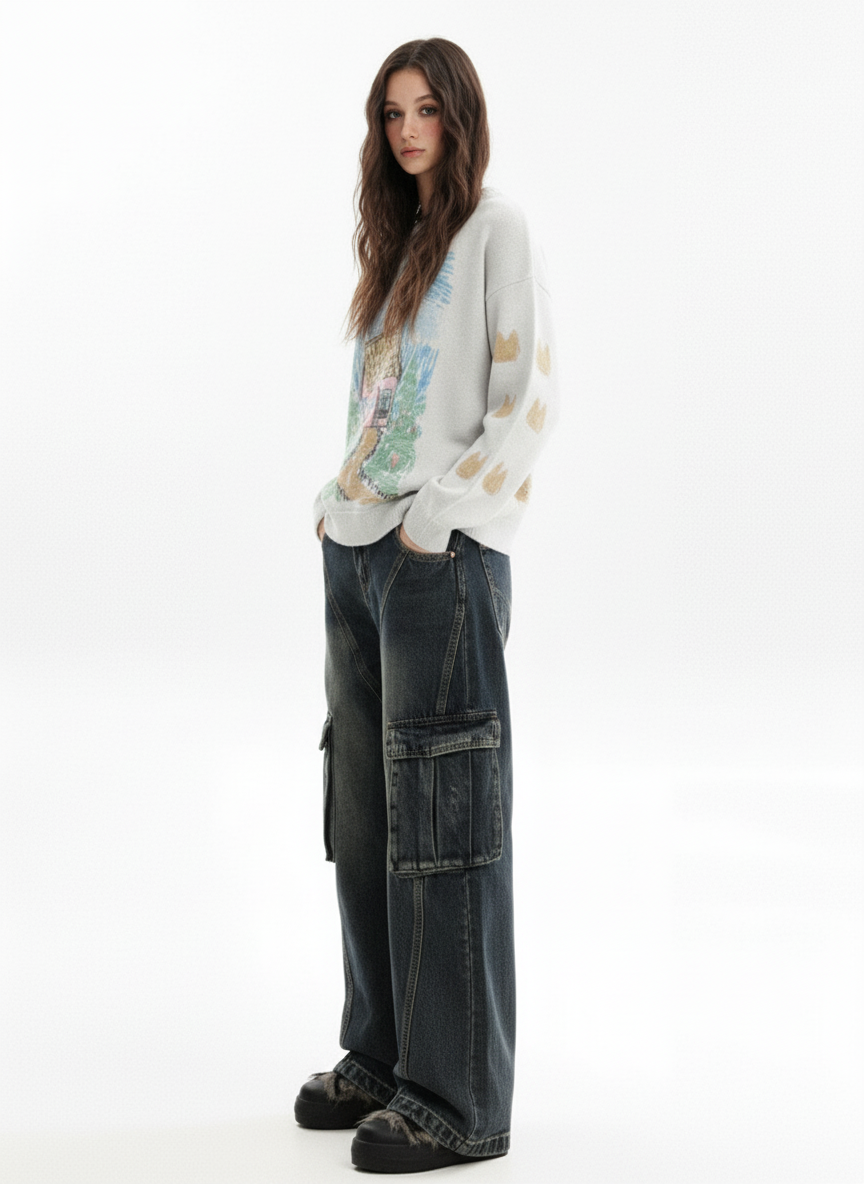 Retro Cozy Cottage Pattern Fun Graffiti Sweater