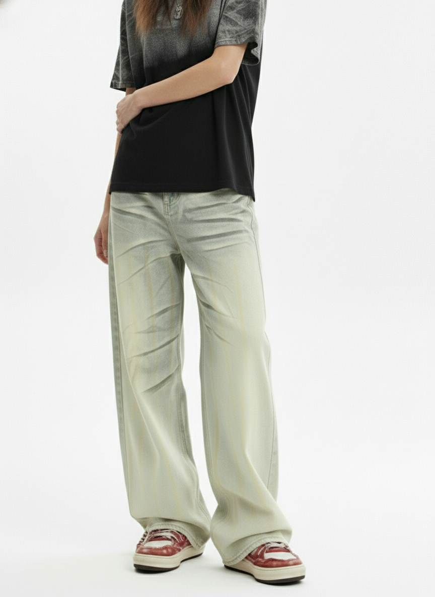 Retro Whiskered Washed Distressed Straight Leg Jeans